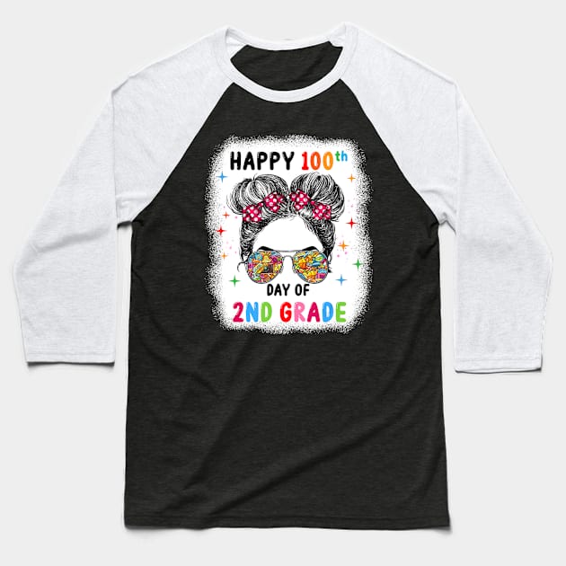 Bleached Happy 100th Day Of 2nd Grade Messy Bun Kids Girls Baseball T-Shirt by Zak N mccarville